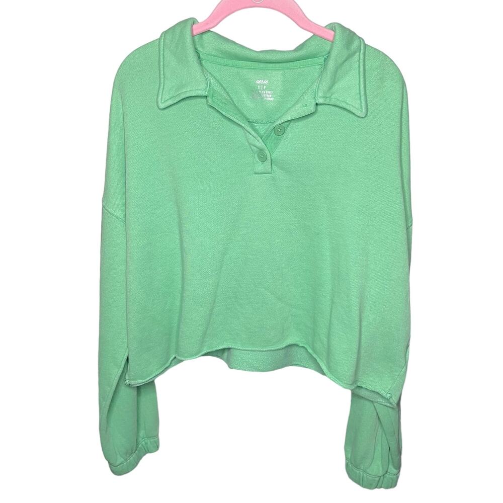 aerie fleece of mint cropped henley pullover size small